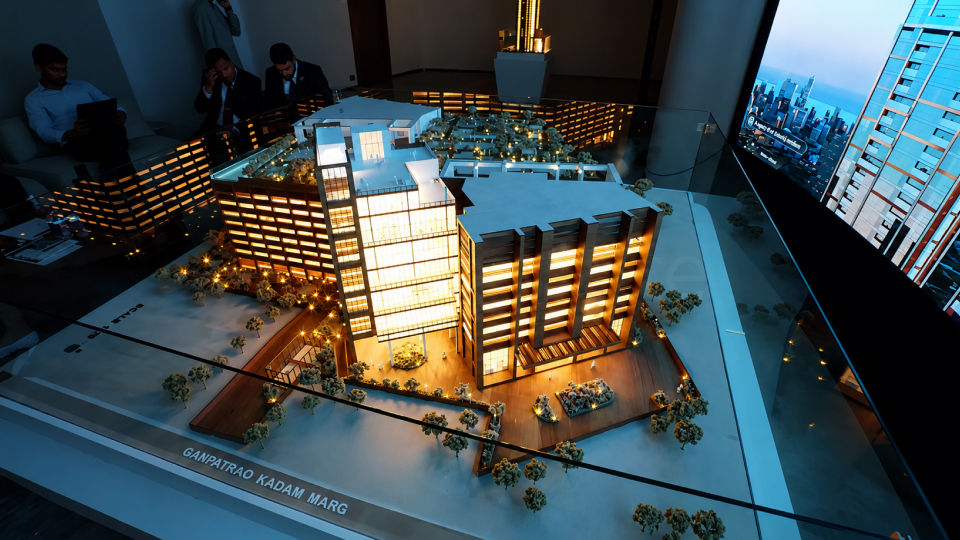 lluminated real estate scale model displayed inside a modern interactive sales gallery